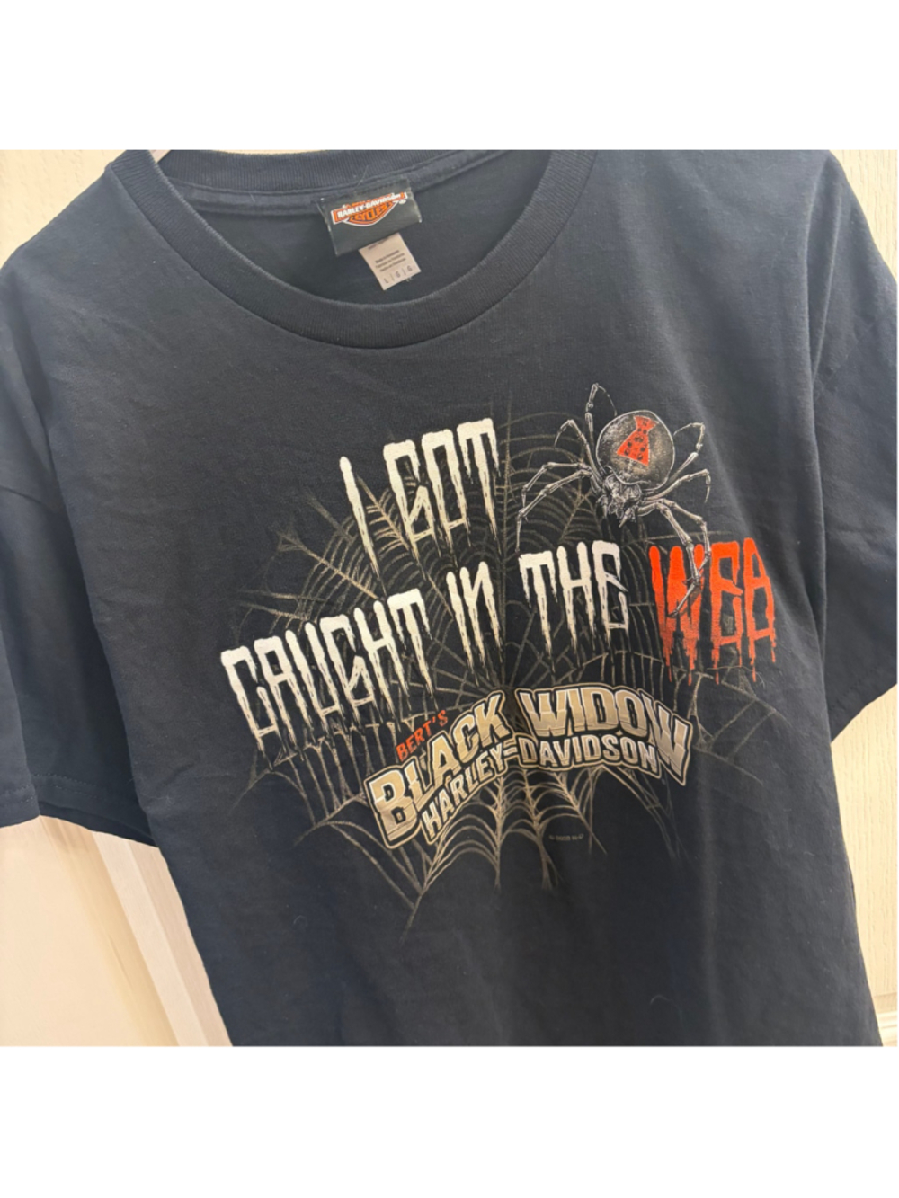 I Got Caught in The Web y2k Harley Davidson tee Port Charlotte Florida Halloween